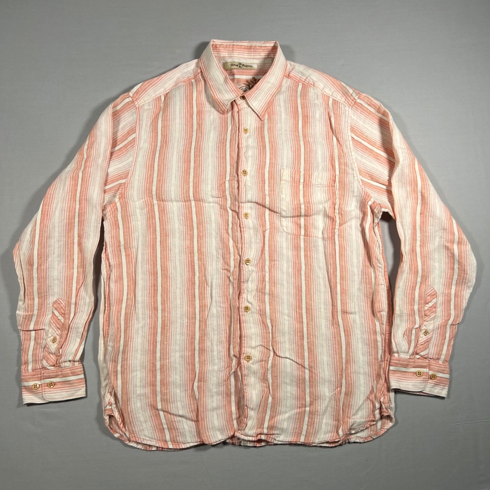 Tommy Bahama Mens Large 100% Linen Striped Long Sleeve Button Down Shirt‎ Orange
